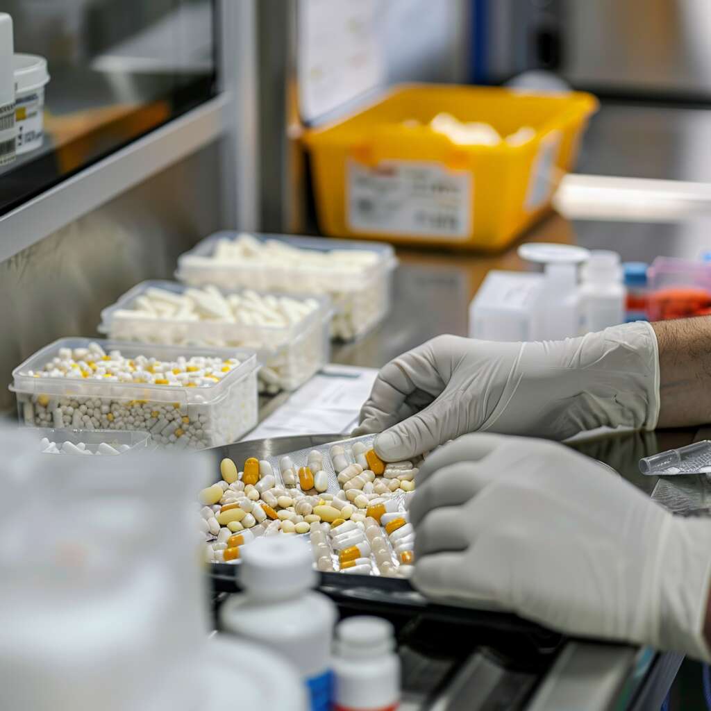 pharmacist sorting various prescription medication pills in a pharmacy setting with gloves, ensuring proper dosage and safety standards.